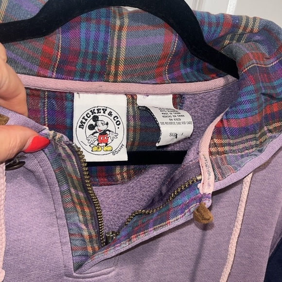 Vintage Mickey Mouse Hoodie Plaid Purple Navy VTG Colorblock Disney - Picture 4 of 11